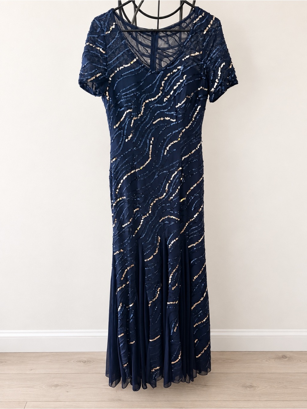 Alex Evenings Navy Dress with Gold Sequin Waves